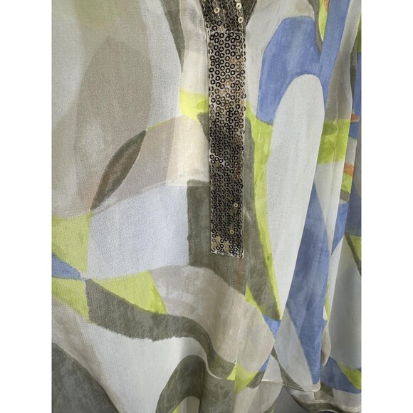 NEW Chico's Blouse Womens Large Multicolor Abstract Sheer Sequin Trim Tie Front - Picture 3 of 7